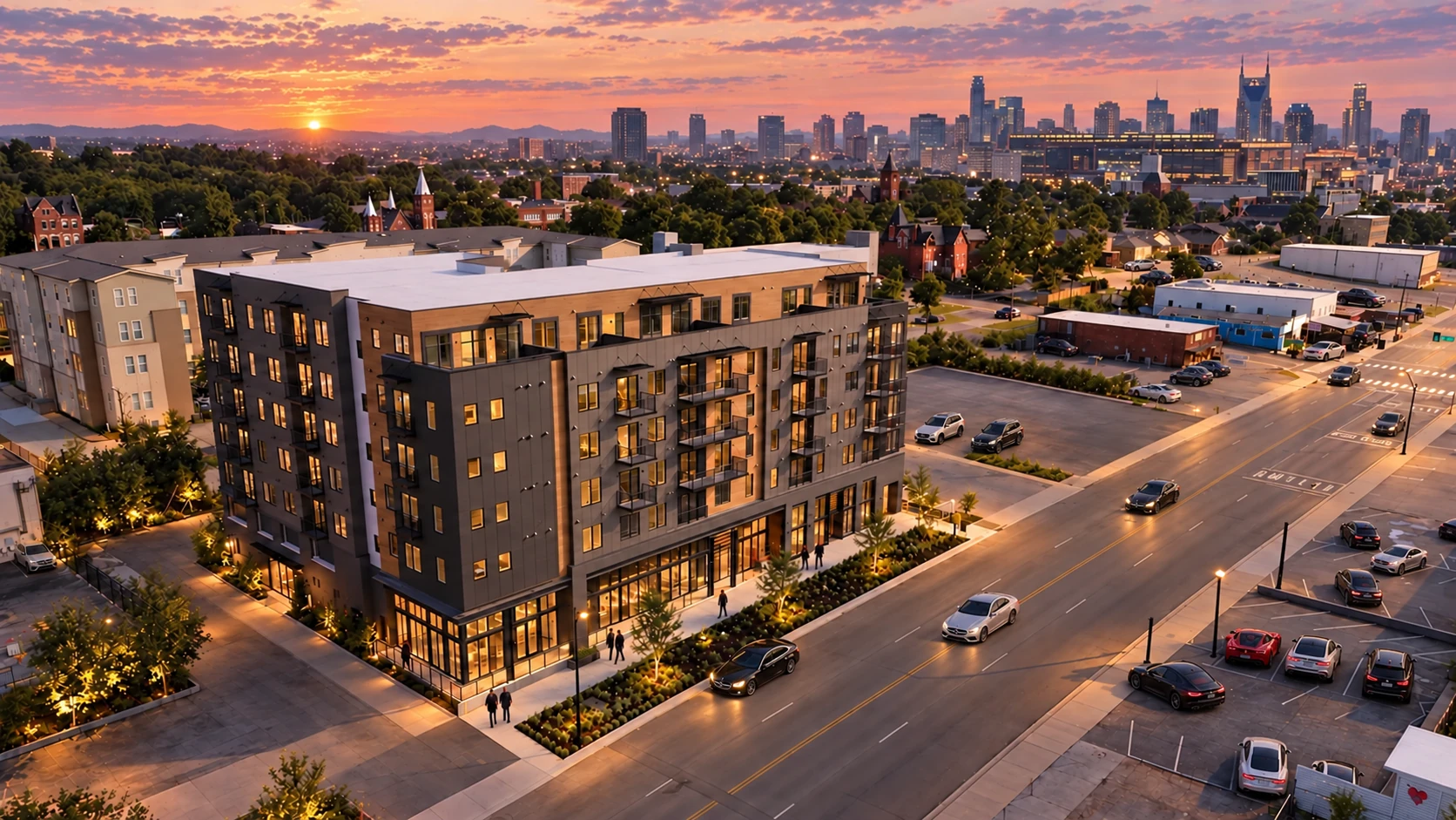 Edited visualization of The Jesse at sunset, with downtown Nashville across the distant skyline