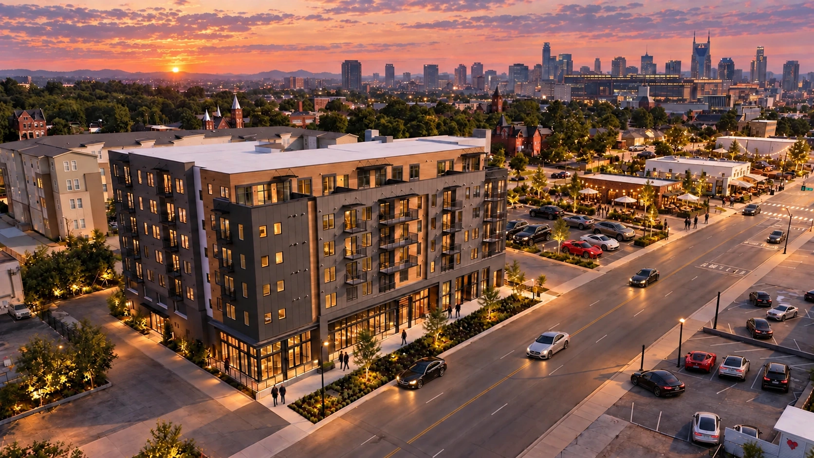 Edited visualization of The Jesse at sunset, with downtown Nashville across the distant skyline
